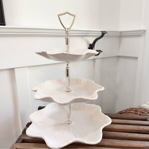 Vintage MCM 3 Tier Serving Tray Elegant Cream California Pottery USA Metal Stem